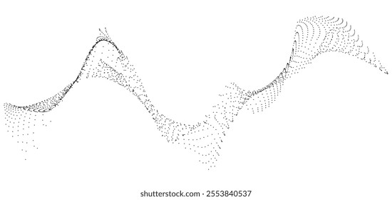 Dynamic particle curve. Abstract flow of dots forming a smooth wavy line. Data transmission effect, digital waves or musical rhythm. Science or technology concept. Futuristic vector illustration.