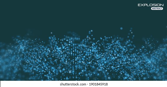 Dynamic particle wave. Abstract sound visualization. Flow digital structure. Mesh landscape or grid data technology. Explosion concept. Rain background.