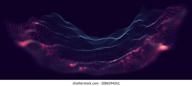 Dynamic Particle Wave. Abstract Sound Visualization. Big Data Flow Digital Structure. Mesh Landscape Or Grid Data Technology. Vector Illustration.