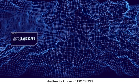 Ola dinámica de partículas. Resumen de la visualización del sonido. Estructura Digital de Flujo de Datos Grande. Tecnología De Datos De Panorama De Malla O Red. Ilustración vectorial.