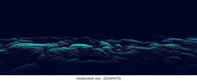 Ola dinámica de partículas. Ola de punto azul futurista. Estructura digital de flujo. Antecedentes de la tecnología de datos. Ilustración vectorial.