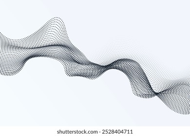 Dynamic particle wave on a white background. This abstract design features flowing particles, representing motion and technology. Ideal for scientific and technological visuals