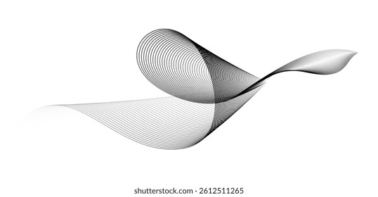 Dynamic particle waves in a halftone gradient form a flowing dot curve against a white backdrop, embodying technology, sound, music, and modern aesthetics.