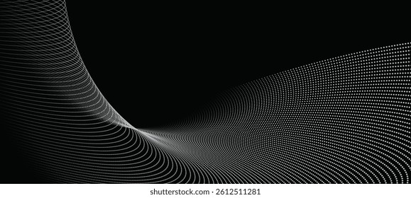 A dynamic particle waves in a halftone gradient, forming a flowing dot curve against a black backdrop. Interwoven motion: Abstract halftone waves.