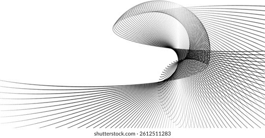 Dynamic particle waves in a halftone gradient form a flowing dot curve against a white backdrop, embodying technology, sound, music, and modern aesthetics.