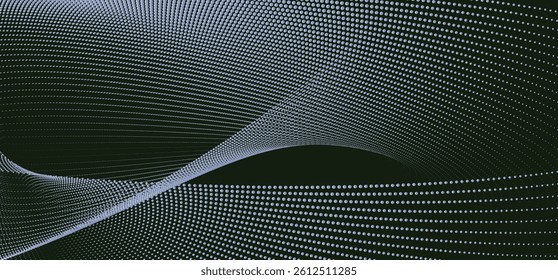 A dynamic particle waves in a halftone gradient, forming a flowing dot curve against a black backdrop. Interwoven motion: Abstract halftone waves.