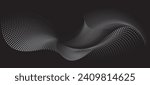 A dynamic particle waves within a halftone gradient create a fluid dot curve set on a transparent background for technology, sound, music. Dots and lines halftone illustration.
