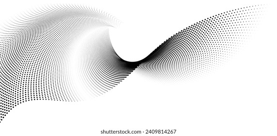 A dynamic particle waves within a halftone gradient create a fluid dot curve set on a transparent background for technology, sound, music. Dots and lines halftone illustration.