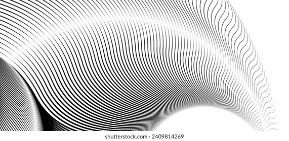 A dynamic particle waves within a halftone gradient create a fluid dot curve set on a transparent background for technology, sound, music. Dots and lines halftone illustration.