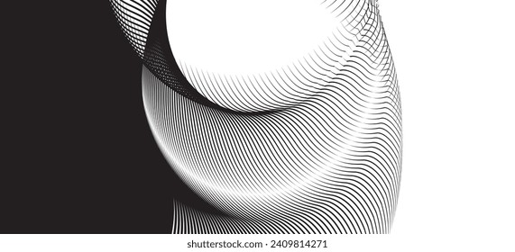 A dynamic particle waves within a halftone gradient create a fluid dot curve set on a transparent background for technology, sound, music. Dots and lines halftone illustration.