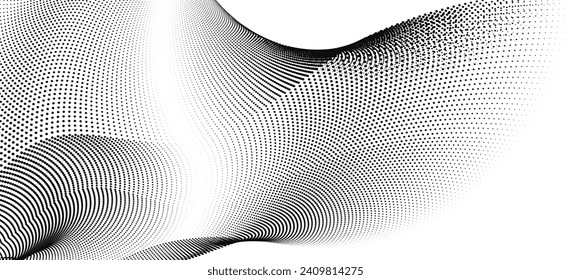 A dynamic particle waves within a halftone gradient create a fluid dot curve set on a transparent background for technology, sound, music. Dots and lines halftone illustration.