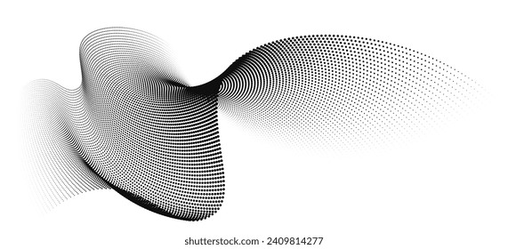 A dynamic particle waves within a halftone gradient create a fluid dot curve set on a transparent background for technology, sound, music. Dots and lines halftone illustration.