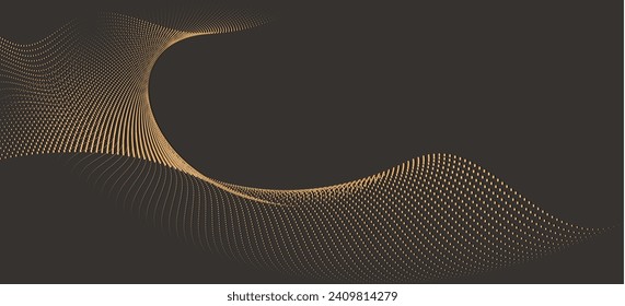 A dynamic particle waves within a halftone gradient create a fluid dot curve set on a transparent background for technology, sound, music. Dots and lines halftone illustration.