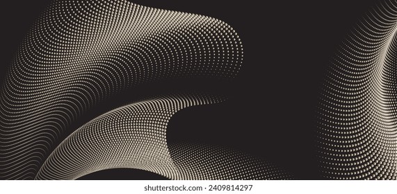 A dynamic particle waves within a halftone gradient create a fluid dot curve set on a transparent background for technology, sound, music. Dots and lines halftone illustration.