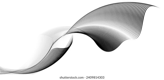 Eine dynamische Teilchenwelle innerhalb eines Halbtongrades erzeugt eine fließende Punktkurve, die auf transparentem Hintergrund für Technologie, Sound, Musik eingestellt ist. Punkte und Linien, Halbtongrafik.