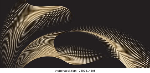 A dynamic particle waves within a halftone gradient create a fluid dot curve set on a transparent background for technology, sound, music. Dots and lines halftone illustration.