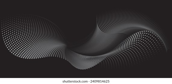 A dynamic particle waves within a halftone gradient create a fluid dot curve set on a transparent background for technology, sound, music. Dots and lines halftone illustration.