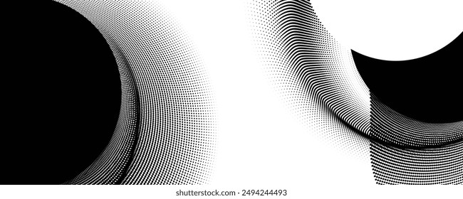 A dynamic particle waves within a halftone gradient in circular form create a fluid dot curve set on a transparent background for technology, sound, music. Dots and lines halftone illustration.