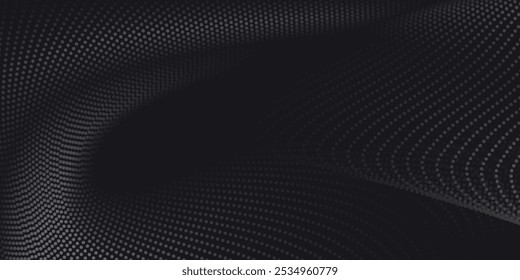 A dynamic particle waves within a halftone gradient create a fluid dot curve set on a transparent background for technology, sound, music.