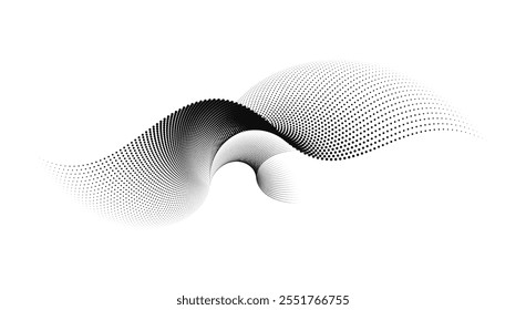 A dynamic particle waves within a halftone gradient create a fluid dot curve set on a transparent background for technology, sound, music. Dots and lines halftone illustration.	