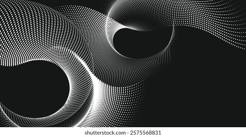 A dynamic particle waves within a halftone gradient create a fluid dot curve on a transparent background for technology, sound, music. Dots and lines halftone illustration.