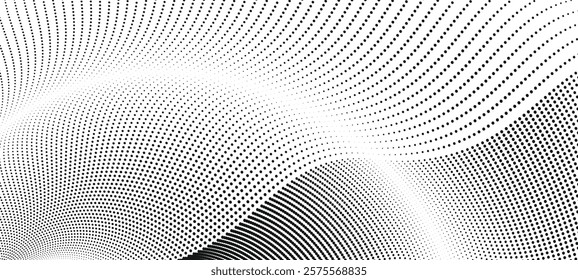 A dynamic particle waves within a halftone gradient create a fluid dot curve on a transparent background for technology, sound, music. Dots and lines halftone illustration.