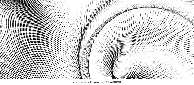 A dynamic particle waves within a halftone gradient create a fluid dot curve on a transparent background for technology, sound, music. Dots and lines halftone illustration.