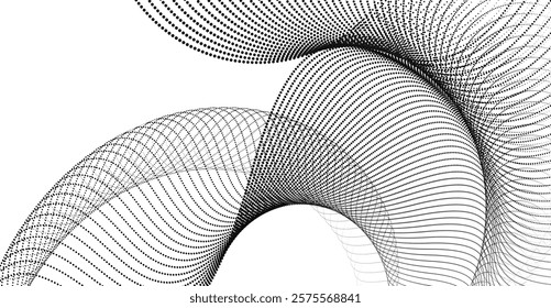 A dynamic particle waves within a halftone gradient create a fluid dot curve on a transparent background for technology, sound, music. Dots and lines halftone illustration.