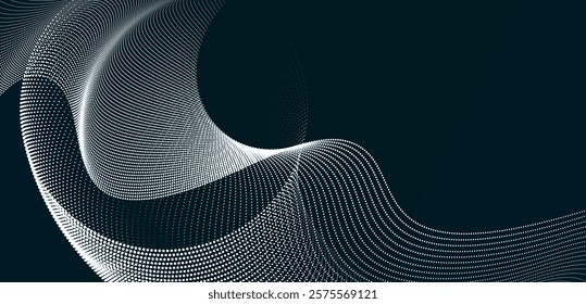 A dynamic particle waves within a halftone gradient create a fluid dot curve on a transparent background for technology, sound, music. Dots and lines halftone illustration.