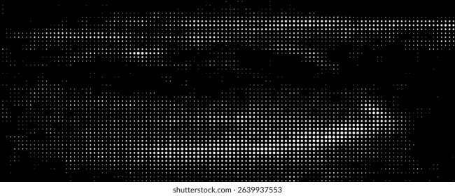 A dynamic particle waves within a halftone gradient create a fluid dot curve set on a transparent background for technology, sound, music. Dots and lines halftone illustration.