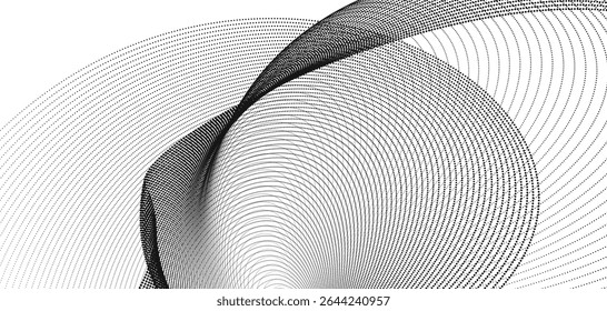 A dynamic particle waves within a halftone gradient create a fluid dot curve on a transparent background for technology, sound, music. dots and lines halftone illustration.
