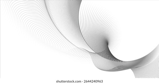 A dynamic particle waves within a halftone gradient create a fluid dot curve on a transparent background for technology, sound, music. dots and lines halftone illustration.