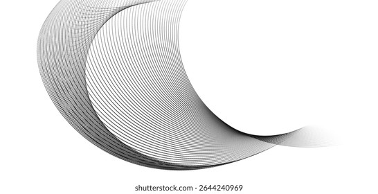 A dynamic particle waves within a halftone gradient create a fluid dot curve on a transparent background for technology, sound, music. dots and lines halftone illustration.