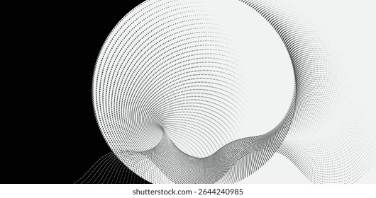A dynamic particle waves within a halftone gradient create a fluid dot curve on a transparent background for technology, sound, music. dots and lines halftone illustration.
