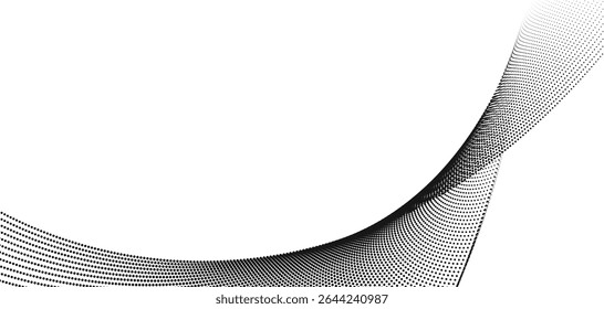 A dynamic particle waves within a halftone gradient create a fluid dot curve on a transparent background for technology, sound, music. dots and lines halftone illustration.