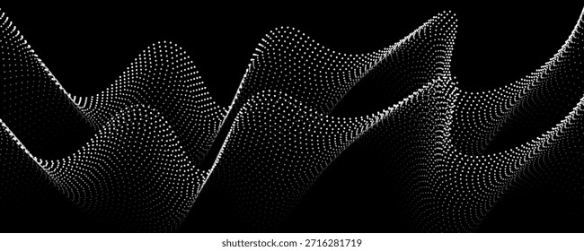 A dynamic particle waves within a halftone gradient create a fluid dot curve set on a transparent background for technology, sound, music. Dots and lines halftone illustration.