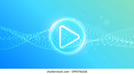 Dynamic particle wavy background with glowing play button. Press to play. Start button. Gaming, music, cinema.