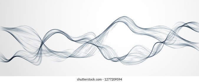 Dynamic particles mutual sound wave flowing. Double dotted curves vector abstract background. Beautiful 3d wave shaped split array of blended points.