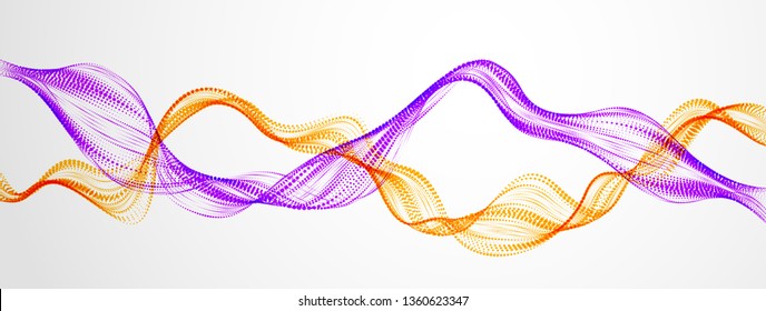 Dynamic particles mutual sound wave flowing. Double dotted curves vector abstract background. Beautiful 3d wave shaped split array of blended points.