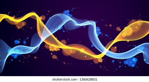 Dynamic particles mutual sound wave flowing over dark. Dotted double curves vector abstract background. Beautiful 3d wave shaped array of shining blended points.