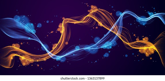 Dynamic particles mutual sound wave flowing over dark. Dotted double curves vector abstract background. Beautiful 3d wave shaped array of shining blended points.