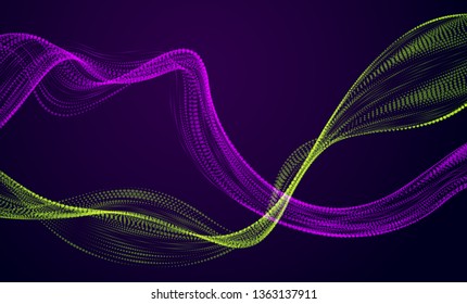 Dynamic particles mutual sound wave flowing over dark. Dotted double curves vector abstract background. Beautiful 3d wave shaped array of shining blended points.