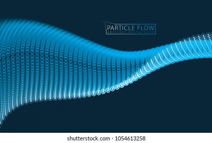 Dynamic particles sound wave flowing over dark. Blurred lights vector abstract background. Beautiful wave shaped array of glowing dots.