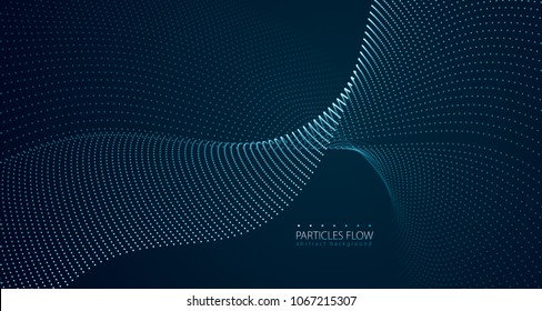 Dynamic particles sound wave flowing over dark. Blurred lights vector abstract background. Beautiful wave shaped array of glowing dots.