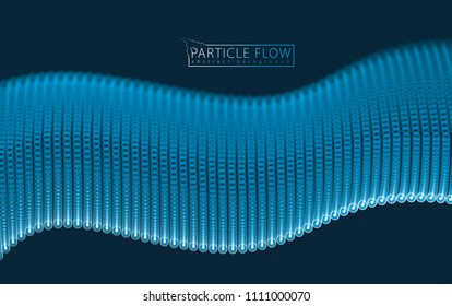 Dynamic particles sound wave flowing over dark. Blurred lights vector abstract background. Beautiful wave shaped array of glowing dots.