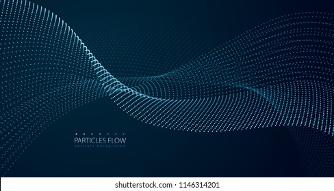 Dynamic particles sound wave flowing over dark. Blurred lights vector abstract background. Beautiful wave shaped array of glowing dots.