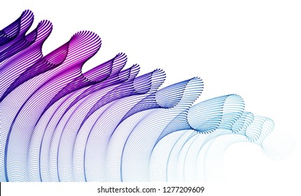 Dynamic particles sound wave flowing, transparent tulle textile on wind. Dotted curves vector abstract background. Beautiful 3d wave shaped array of blended points. Vektor Stok