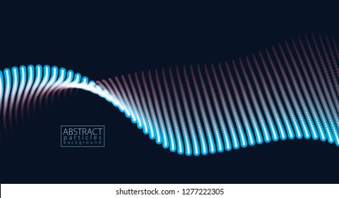 Dynamic particles sound wave flowing over dark. Blurred lights vector abstract background. Beautiful wave shaped array of glowing dots.