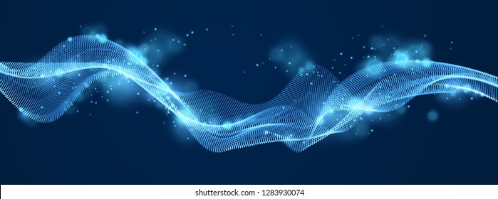 Dynamic particles sound wave flowing over dark. Dotted curves vector abstract background. Beautiful 3d wave shaped array of shining blended points.