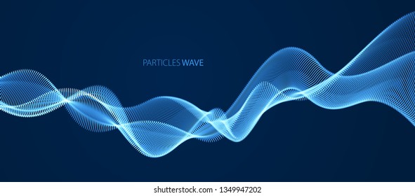 Dynamic particles sound wave flowing over dark. Dotted curves vector abstract background. Beautiful 3d wave shaped array of shining blended points.
